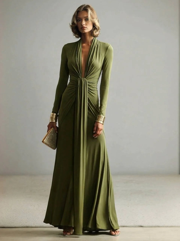 Yrsa | Women's Long Sleeve Formal Maxi Dress | Plunge Neck