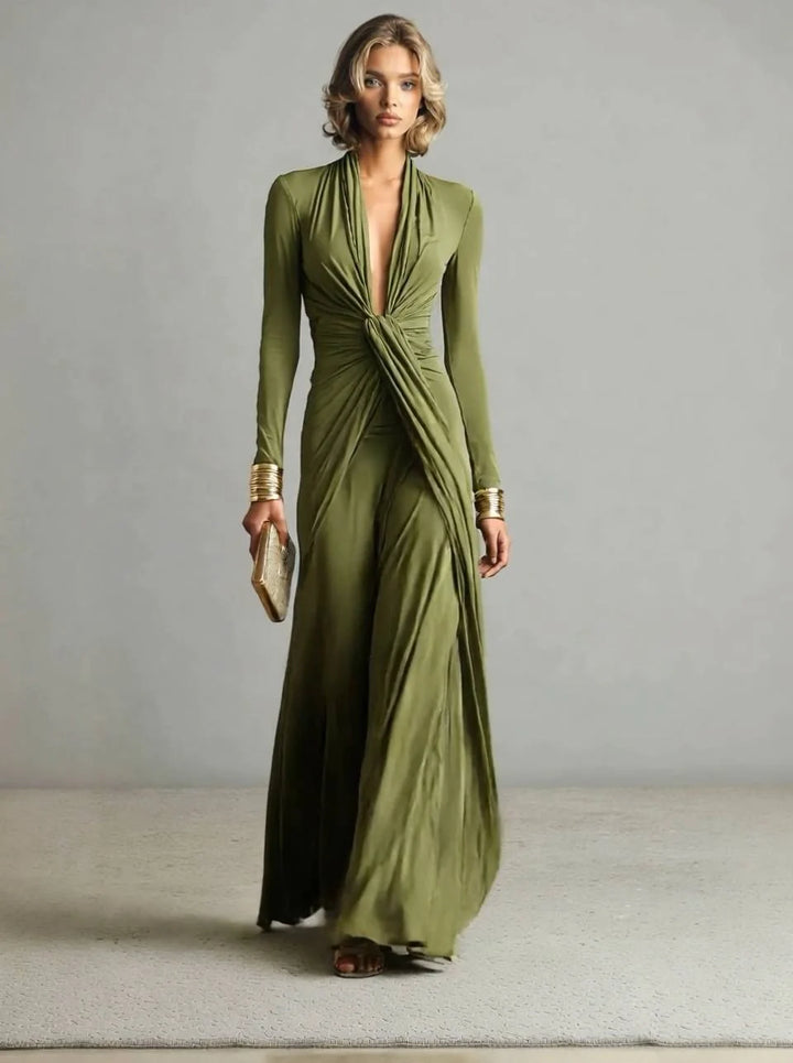 Yrsa | Women's Long Sleeve Formal Maxi Dress | Plunge Neck