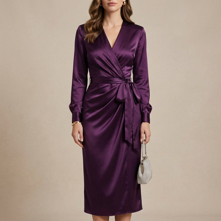 Mathilda | Women's Long Sleeve Midi Wrap Dress | V Neck Tie Waist