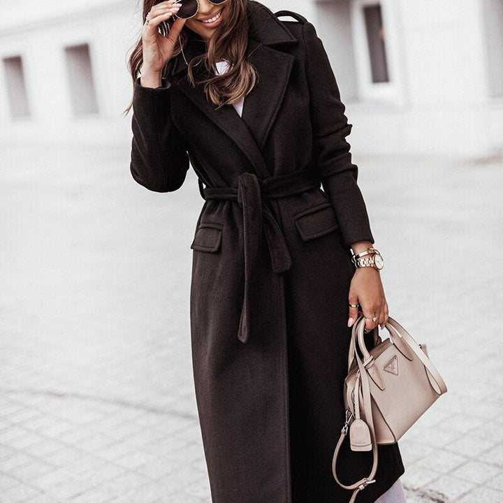 Leokadia | Women's Long Trench Coat | Notched Lapel Belted Open Front