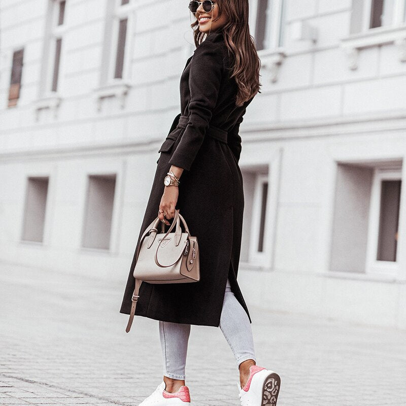 Leokadia | Women's Long Trench Coat | Notched Lapel Belted Open Front