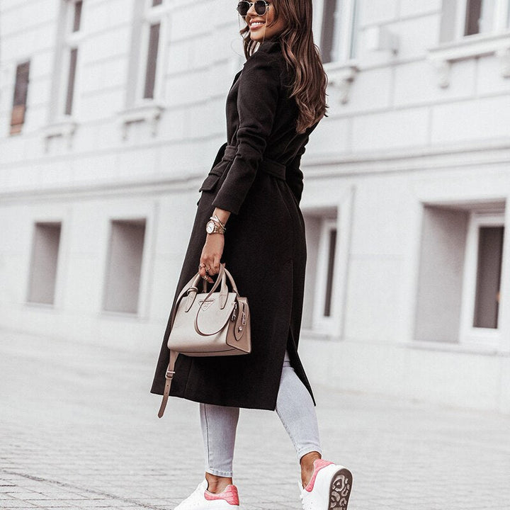 Leokadia | Women's Long Trench Coat | Notched Lapel Belted Open Front