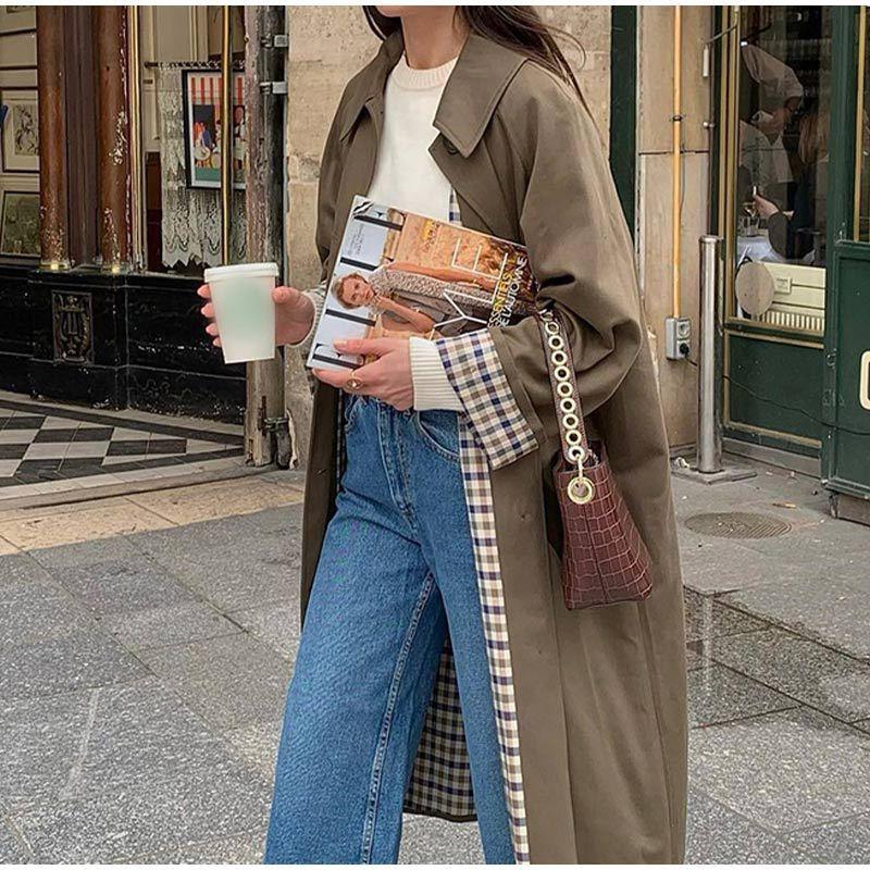 Kazimiera | Women's Long Trench Coat | Plaid Lining Button Up Lapel