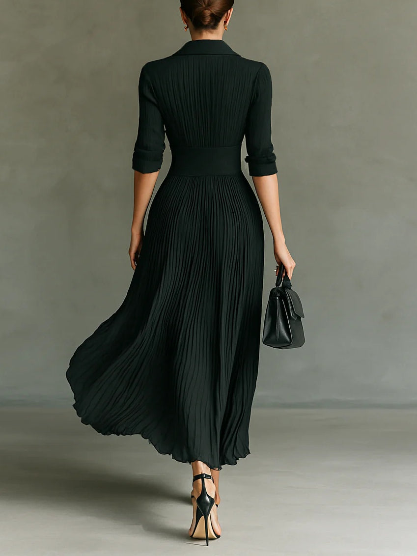 Panope | Women's Long Sleeve Maxi Dress | Collar Pleated Skirt Vintage