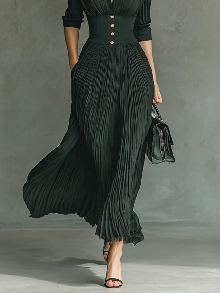 Panope | Women's Long Sleeve Maxi Dress | Collar Pleated Skirt Vintage