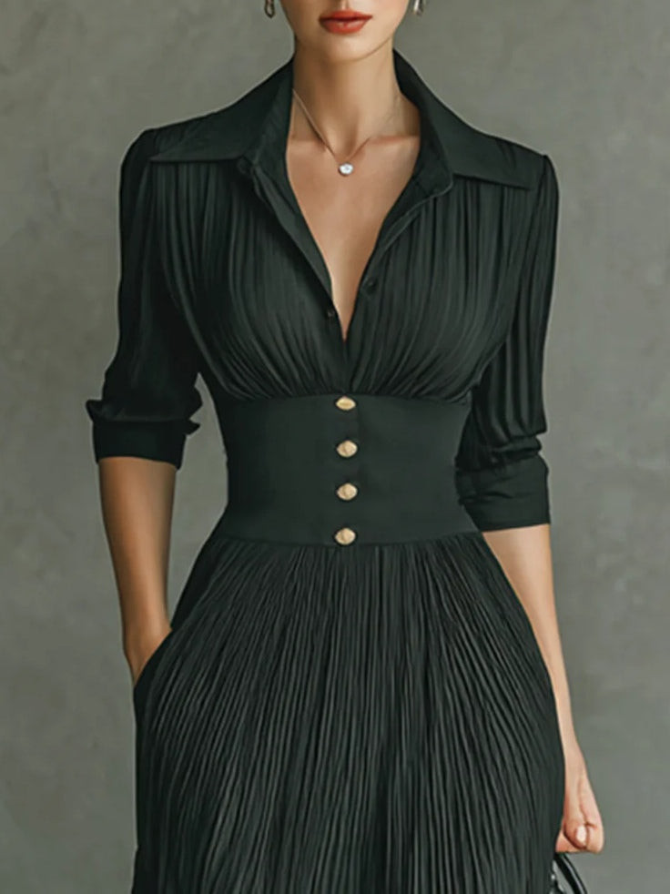 Panope | Women's Long Sleeve Maxi Dress | Collar Pleated Skirt Vintage