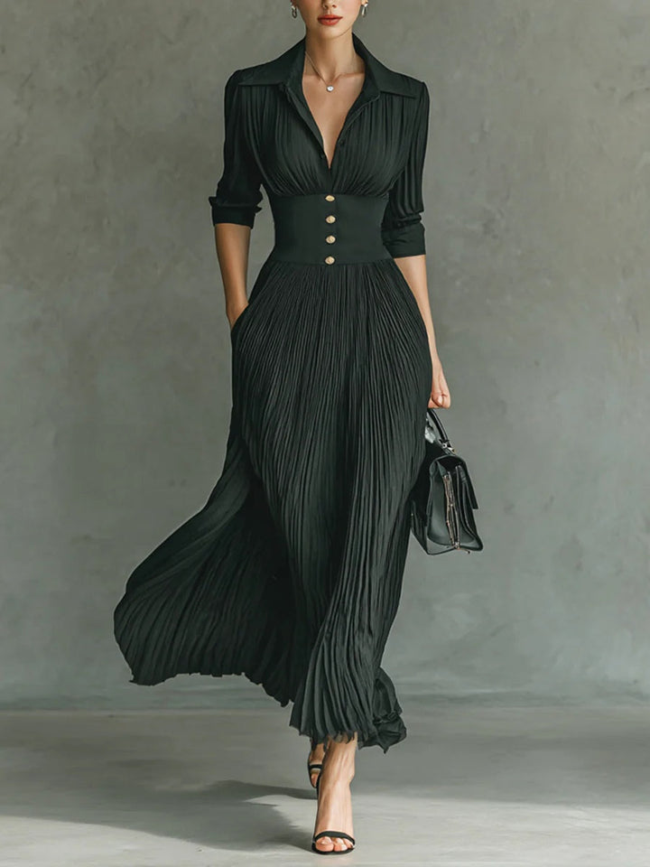 Panope | Women's Long Sleeve Maxi Dress | Collar Pleated Skirt Vintage