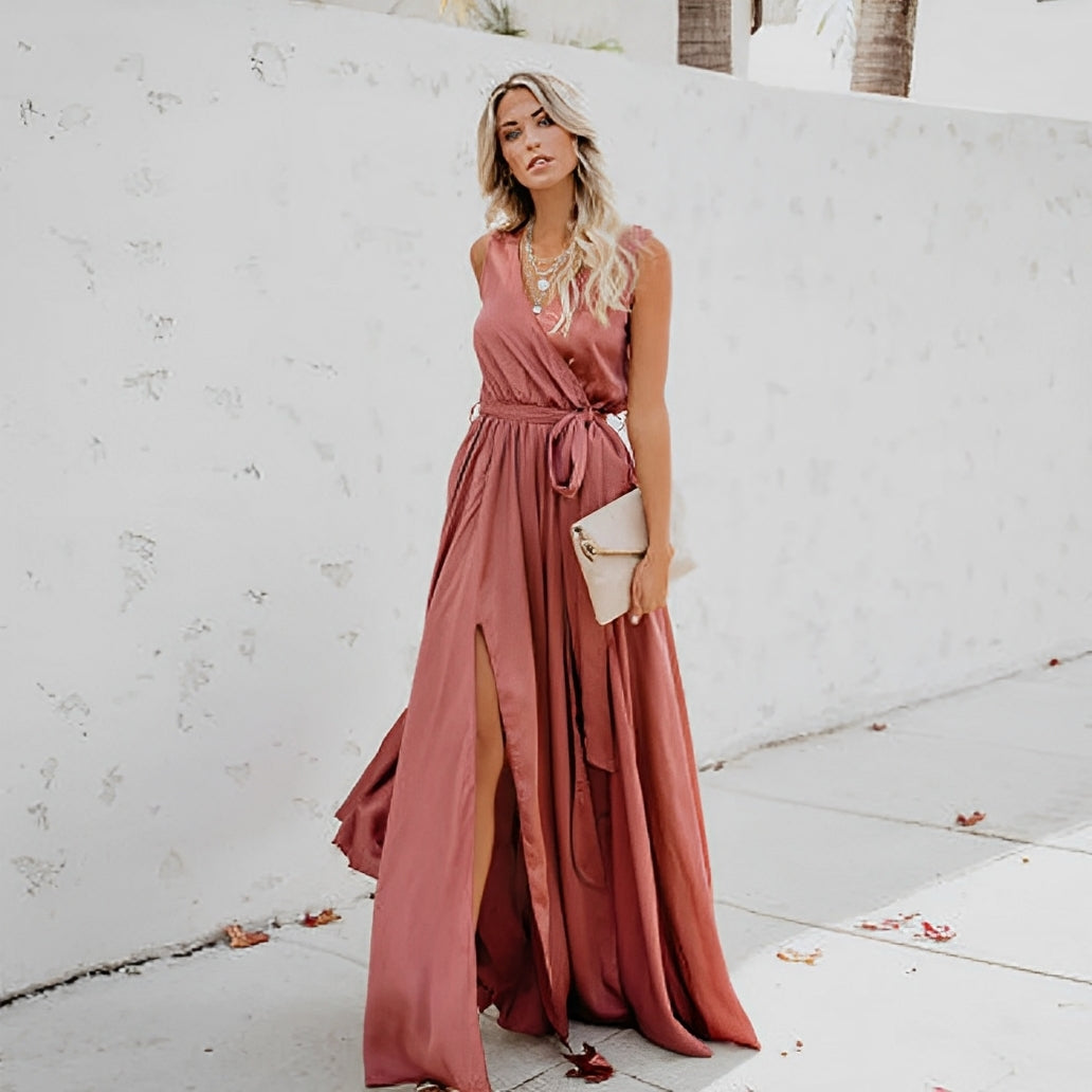 Women's Maxi Dress with V Neck & Tie Waist | Wedding Guest
