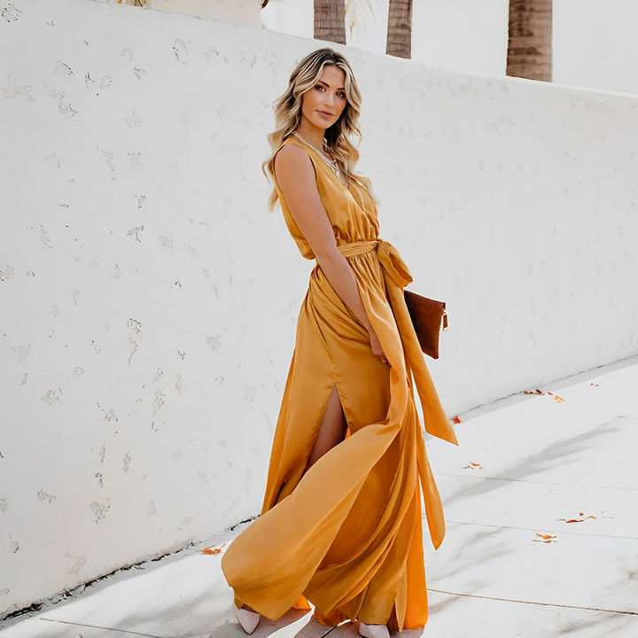 Women's Maxi Dress with V Neck & Tie Waist | Wedding Guest