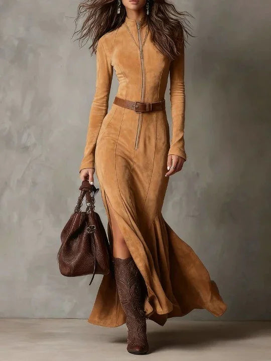 Sinope | Women's Long Sleeve Maxi Dress | Zip Up Belted Waist
