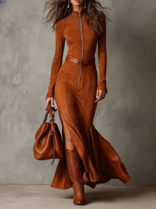 Sinope | Women's Long Sleeve Maxi Dress | Zip Up Belted Waist