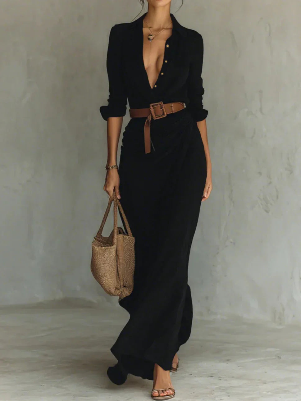 Oulixe | Women's Long Sleeve Maxi Shirt Dress | Belt Wrap Skirt