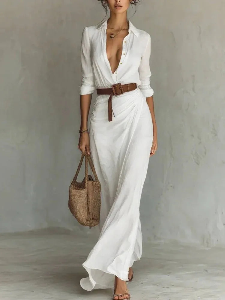 Oulixe | Women's Long Sleeve Maxi Shirt Dress | Belt Wrap Skirt