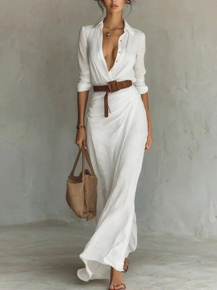 Oulixe | Women's Long Sleeve Maxi Shirt Dress | Belt Wrap Skirt
