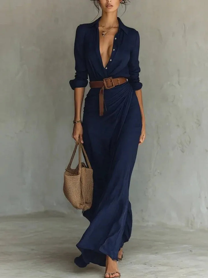 Oulixe | Women's Long Sleeve Maxi Shirt Dress | Belt Wrap Skirt