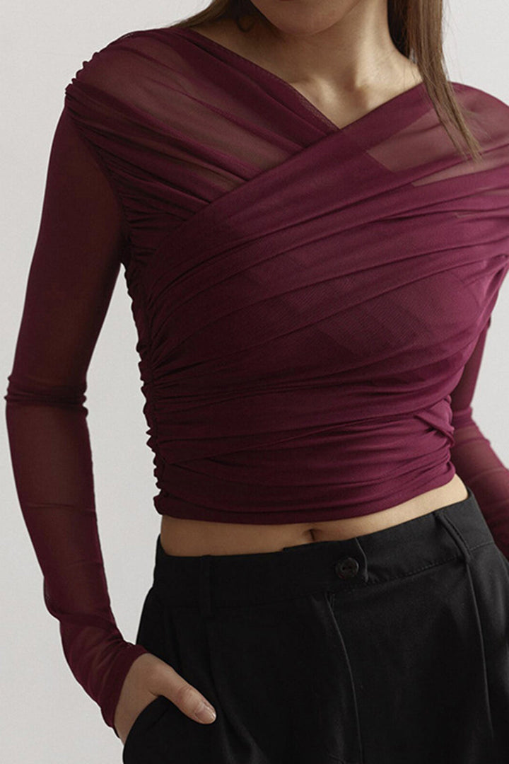 Verginia | Women's Mesh Long Sleeve Top | Ruched Wrap V-Neck Crop