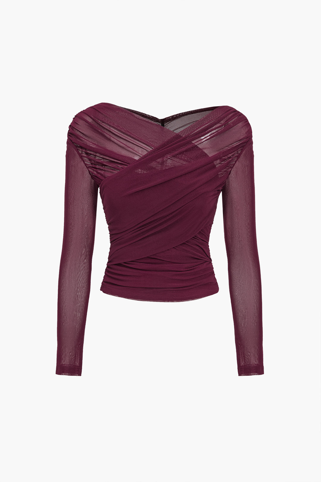 Verginia | Women's Mesh Long Sleeve Top | Ruched Wrap V-Neck Crop