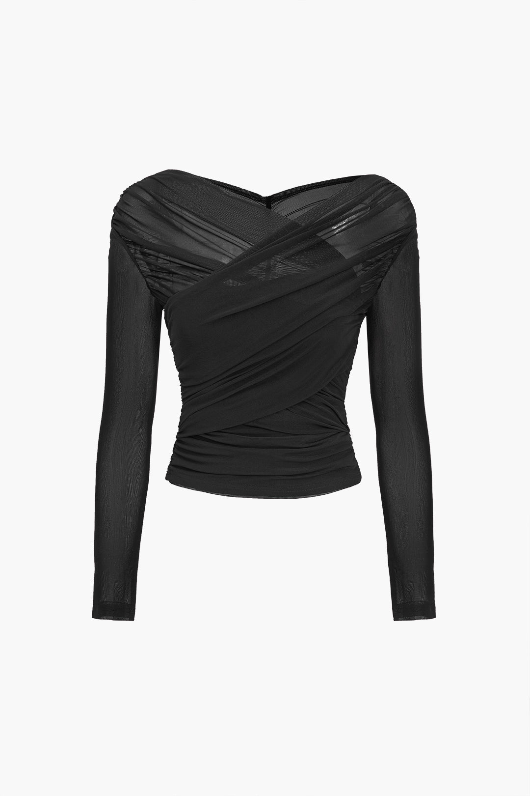 Verginia | Women's Mesh Long Sleeve Top | Ruched Wrap V-Neck Crop