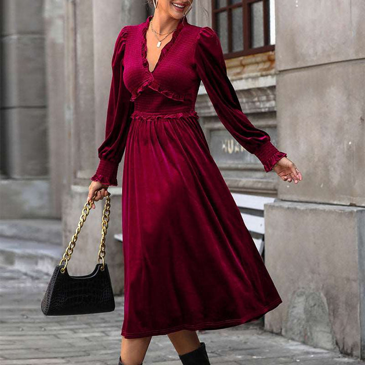 Theodora | Women's Long Sleeve Midi Dress | V Neck Formal