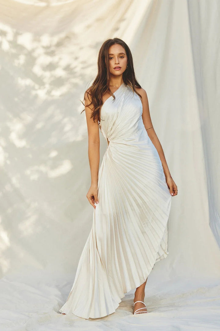 Women's One Shoulder Formal Dress with Pleated Skirt | Maxi