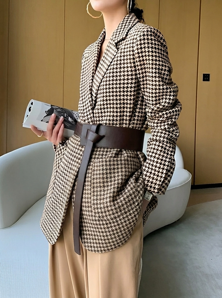 Genovefa | Women's Oversized Blazer | Houndstooth Pattern Lapel Collar