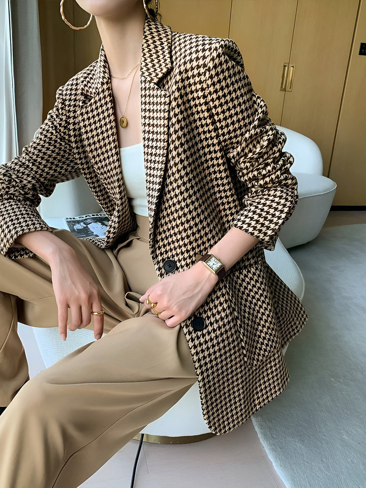 Genovefa | Women's Oversized Blazer | Houndstooth Pattern Lapel Collar