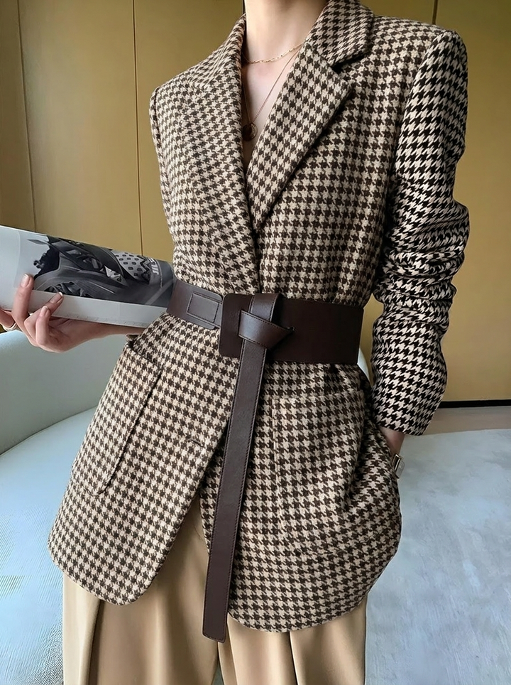 Genovefa | Women's Oversized Blazer | Houndstooth Pattern Lapel Collar