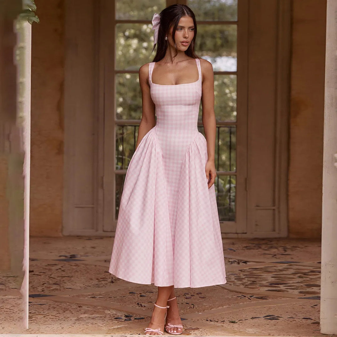 Women's Pink Dress with Gingham & Square Neck | Midi