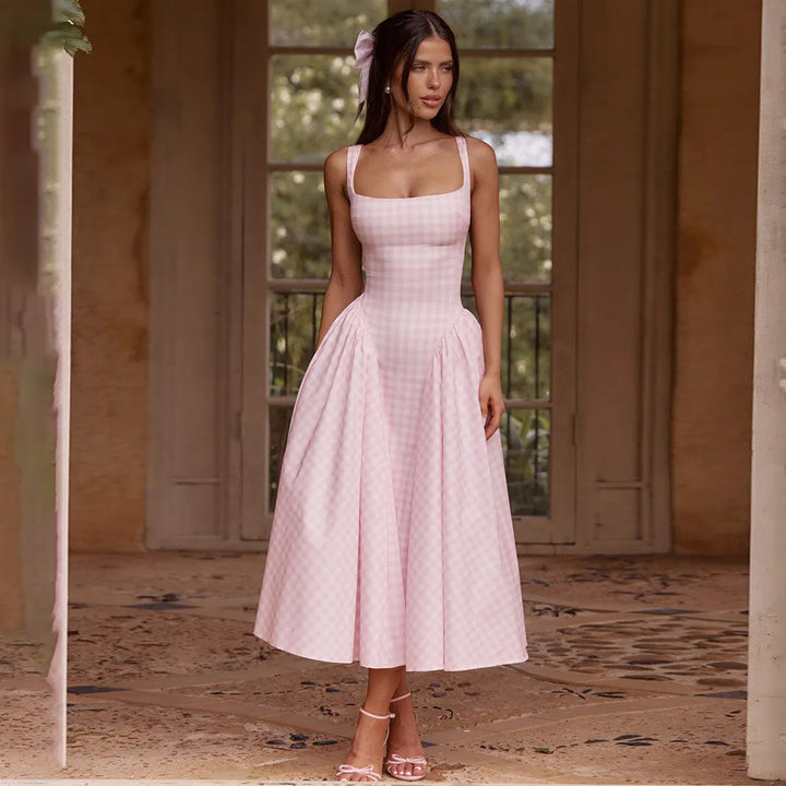 Women's Pink Dress with Gingham & Square Neck | Midi