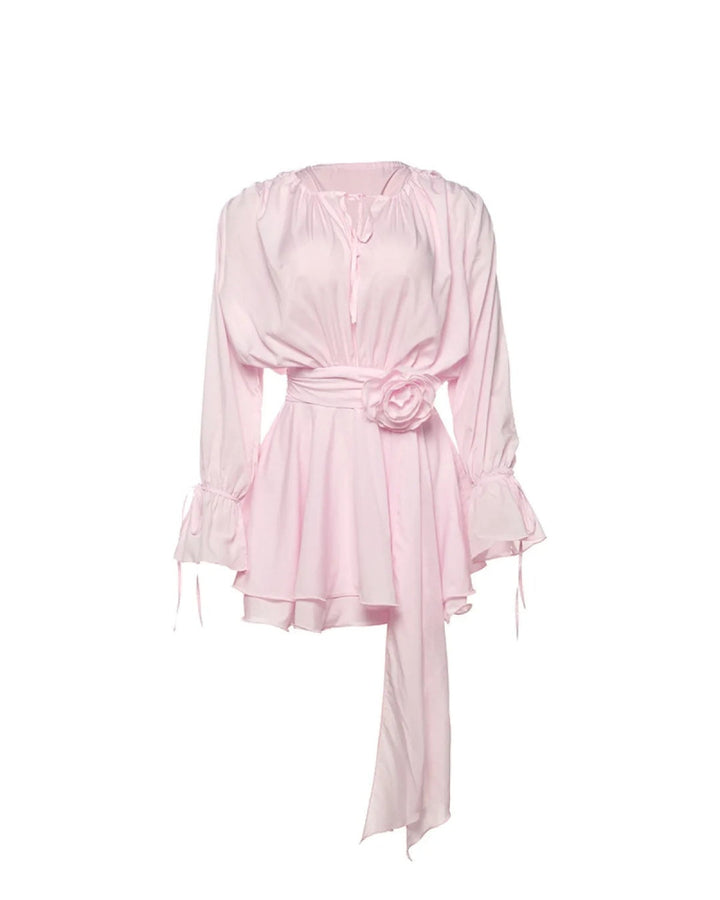 Calvina | Women's Long Sleeve Mini Dress | Pink Rose Belt Party