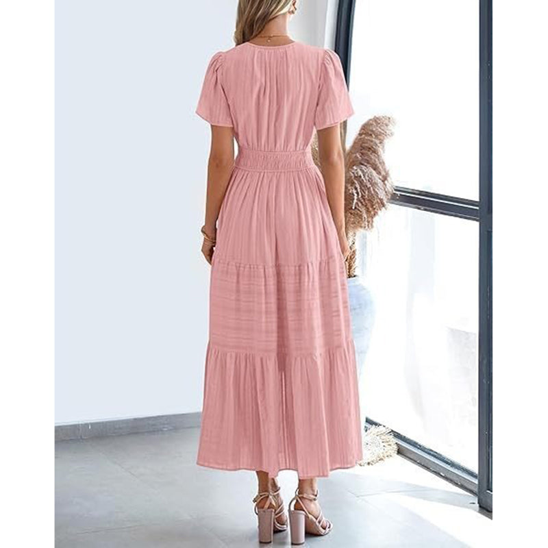 Women's Pink Dress with V-Neck & Tiered Skirt | Maxi