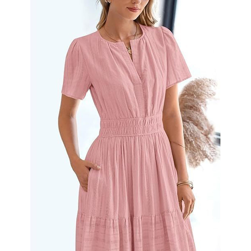 Women's Pink Dress with V-Neck & Tiered Skirt | Maxi