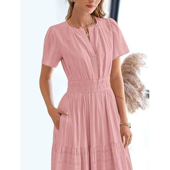 Women's Pink Dress with V-Neck & Tiered Skirt | Maxi