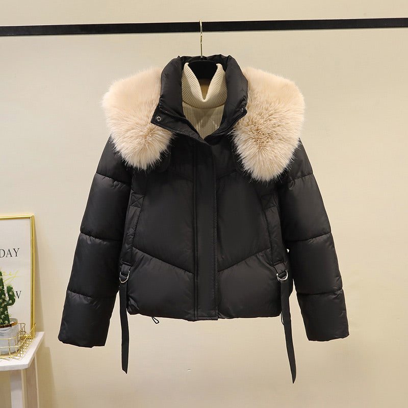 Una | Women's Cropped Winter Puffer Jacket | Stand & Fluffy Collar