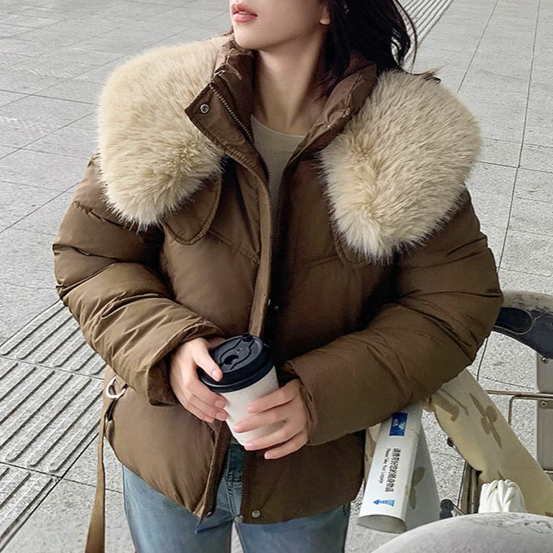 Una | Women's Cropped Winter Puffer Jacket | Stand & Fluffy Collar