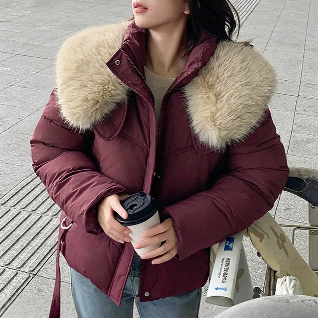 Una | Women's Cropped Winter Puffer Jacket | Stand & Fluffy Collar