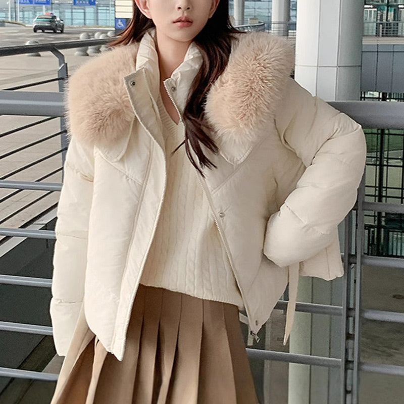 Una | Women's Cropped Winter Puffer Jacket | Stand & Fluffy Collar