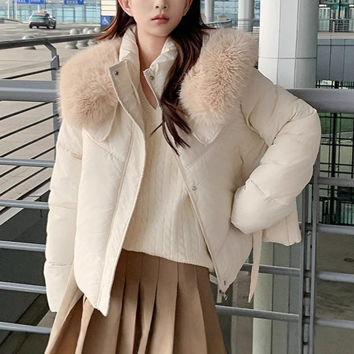 Una | Women's Cropped Winter Puffer Jacket | Stand & Fluffy Collar
