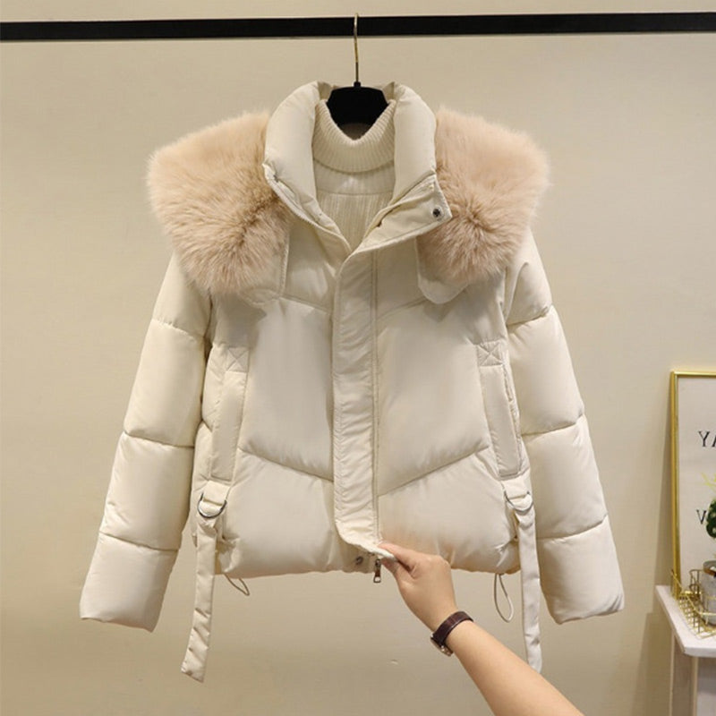 Una | Women's Cropped Winter Puffer Jacket | Stand & Fluffy Collar
