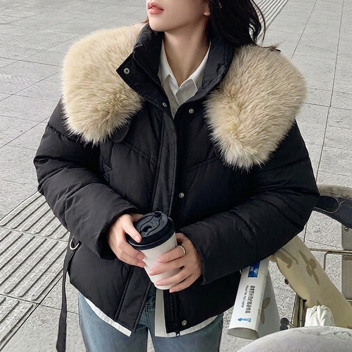 Una | Women's Cropped Winter Puffer Jacket | Stand & Fluffy Collar