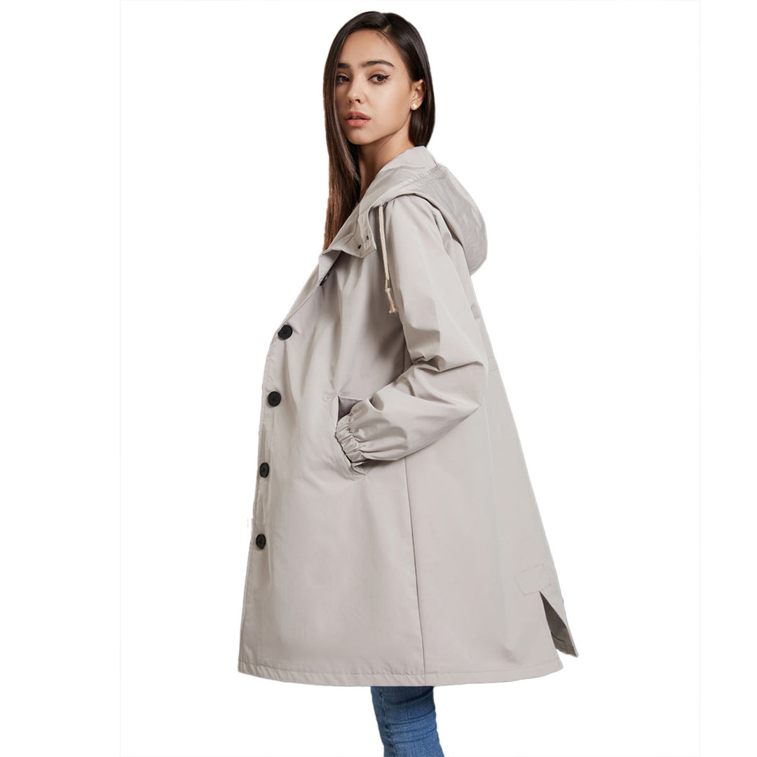 Hafsa | Women's Long Rain Jacket | Hood & Drawstring Button Up