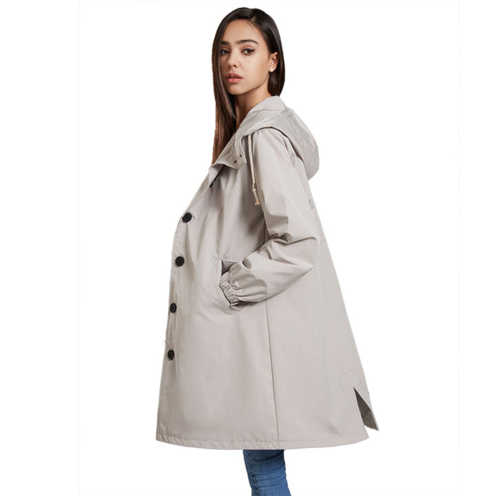 Hafsa | Women's Long Rain Jacket | Hood & Drawstring Button Up