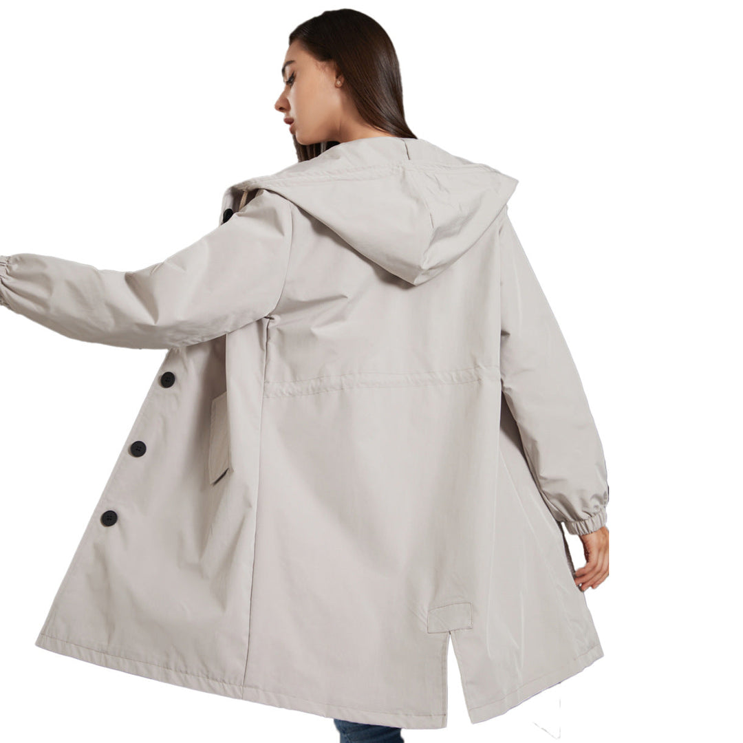 Hafsa | Women's Long Rain Jacket | Hood & Drawstring Button Up