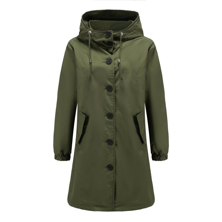 Hafsa | Women's Long Rain Jacket | Hood & Drawstring Button Up