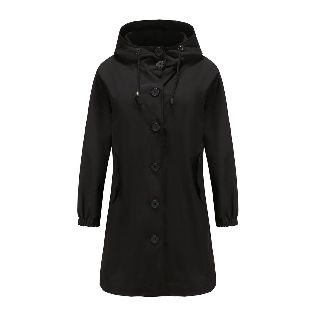 Hafsa | Women's Long Rain Jacket | Hood & Drawstring Button Up
