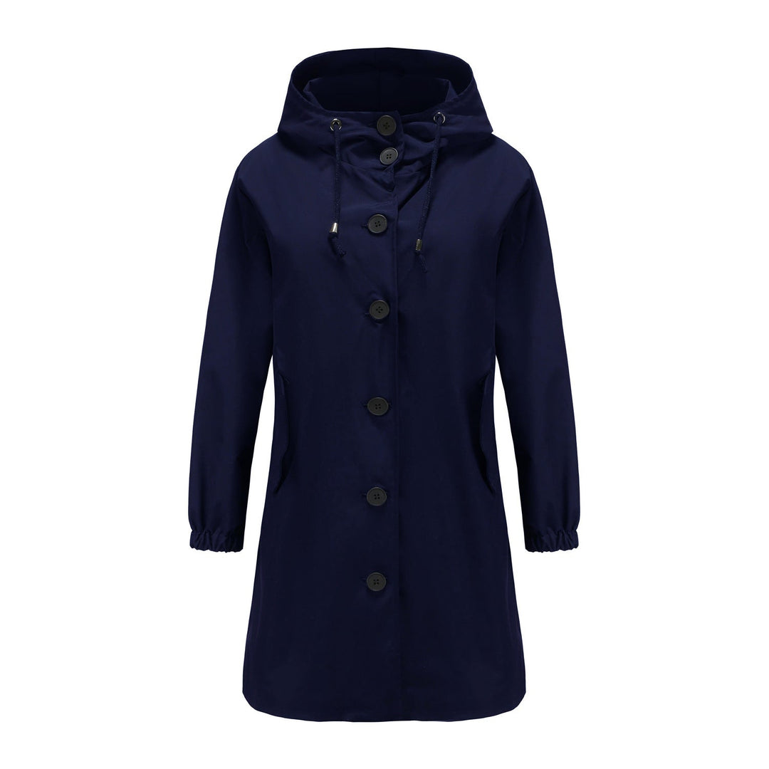Hafsa | Women's Long Rain Jacket | Hood & Drawstring Button Up