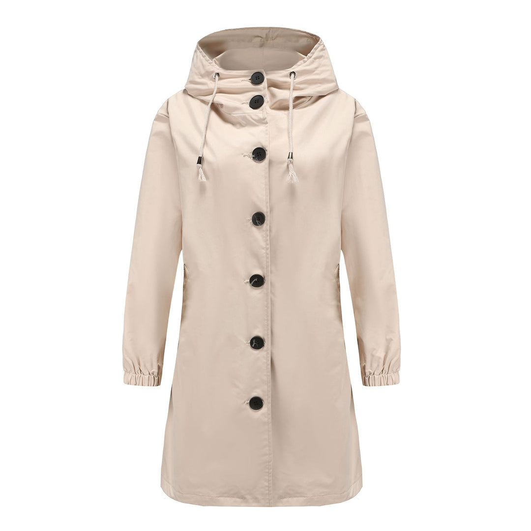 Hafsa | Women's Long Rain Jacket | Hood & Drawstring Button Up