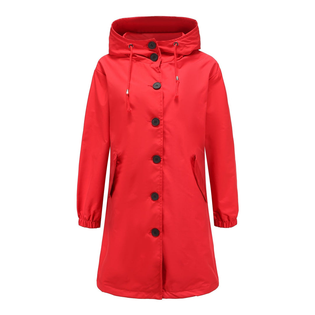 Hafsa | Women's Long Rain Jacket | Hood & Drawstring Button Up