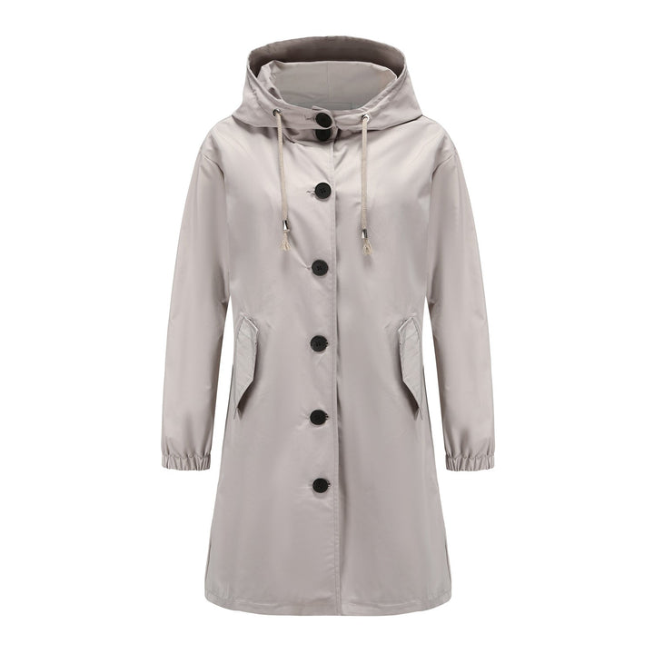 Hafsa | Women's Long Rain Jacket | Hood & Drawstring Button Up