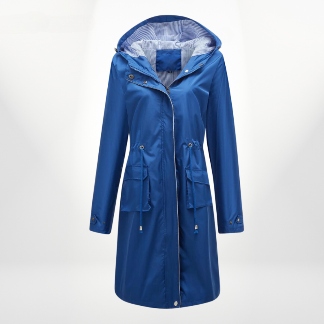 Aisha | Women's Long Rain Jacket | Hood & Drawstring Waist Zip